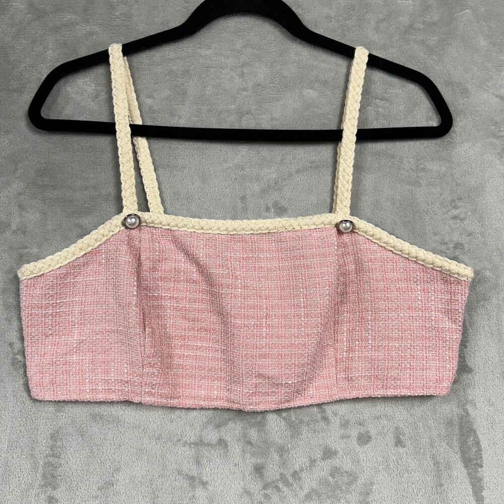 NEW Cider Tweed 2 Piece Set Pearl Crop Top Skirt Sz XL Pink - Picture 2 of 13